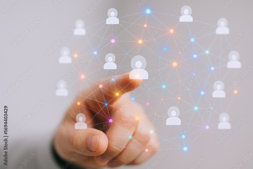Poster global networking visualization: hand touching digital interface connecting people in a modern techn