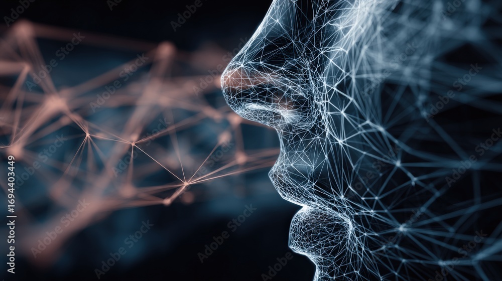 Poster abstract digital face with connected network of data points representing artificial intelligence and