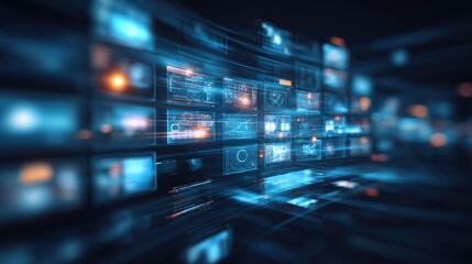 Abstract Digital Network Visualization with Complex Data, Artificial Intelligence, and High-Tech Blue Light Effects
