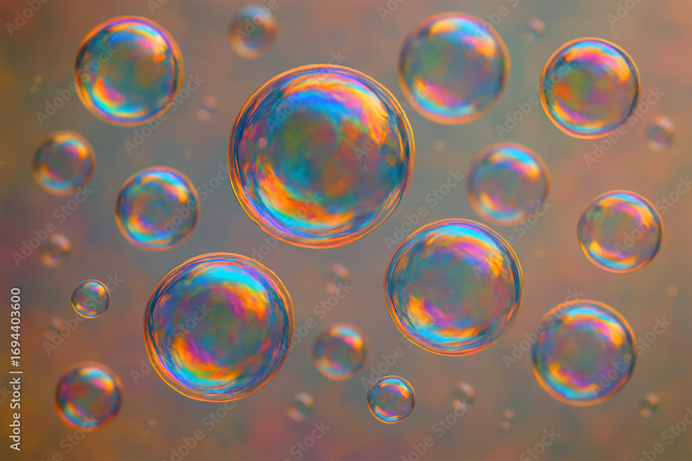 Poster close up macro view of iridescent rainbow colored soap bubbles reflecting light and colors on a text