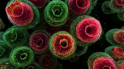 Microscopic view of human gut organoid cells.