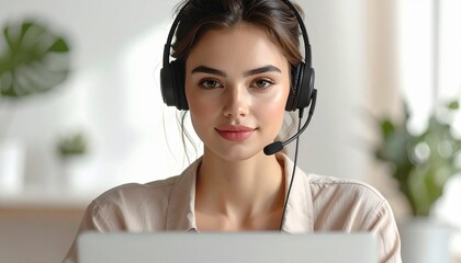 Portrait of a friendly and professional young woman wearing a headset, working as a customer service representative or call center agent online