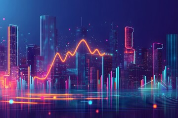 A vibrant digital cityscape with glowing data streams and bar graphs,