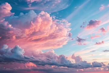 Illustration of dramatic pink and blue clouds fill the sky at sunset