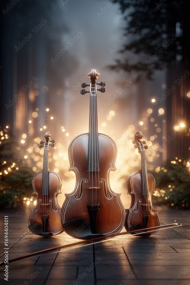 Aufkleber elegant violins composition: classical instruments arranged in forest setting with bokeh lights for 