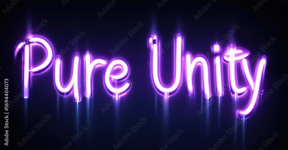 Poster bright purple neon sign displays text pure unity. dark background enhances glowing effect, creating 