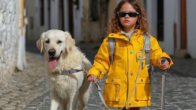 Visually impaired girl in yellow coat walks confidently with golden retriever guide dog on cobblestone street, showing assistance and independence.