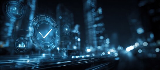 Futuristic Cityscape with Holographic Checkmark and Data Icons Overlay, Representing Approval and Technology