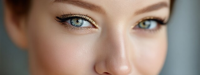 Naklejka premium Stunning close-up of a woman's eyes showcasing intricate makeup details during a beauty session at a cosmetics studio