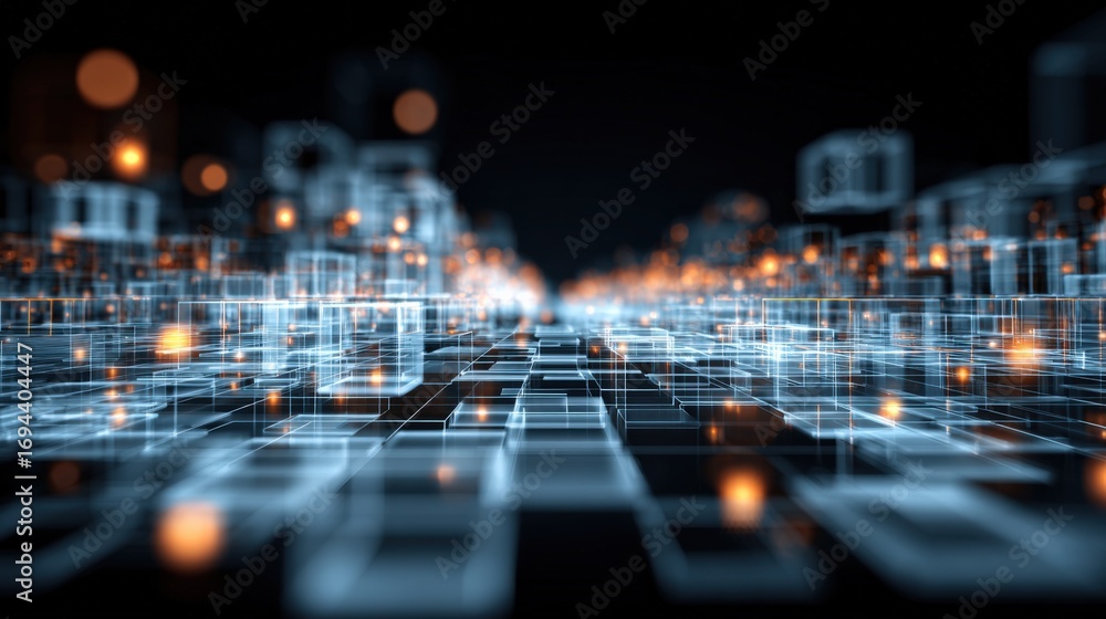 Aufkleber abstract technology background with glowing cubes and wireframe grid for digital innovation and conn