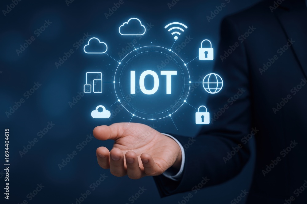 Poster internet of things (iot) visualization with business professional presenting digital future technolo