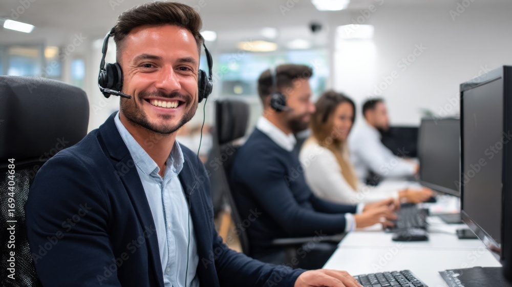 Poster smiling customer service representative in modern office setting providing excellent support to clie