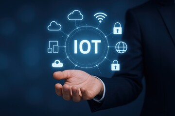 Internet of Things (IOT) Visualization with Business Professional Presenting Digital Future Technologies and Connected Devices for Innovation