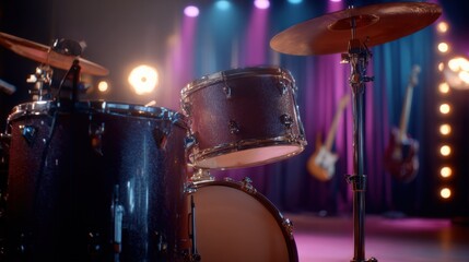 Drum Kit on Stage Ready for Concert, Musical Performance with Vibrant Lighting and Instruments