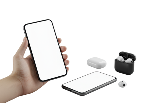 Pristine modern smartphone held by clean hand, identical resting, and wireless earbud case on seamless transparent studio background, bright diffused lighting, concept for tech product mockups