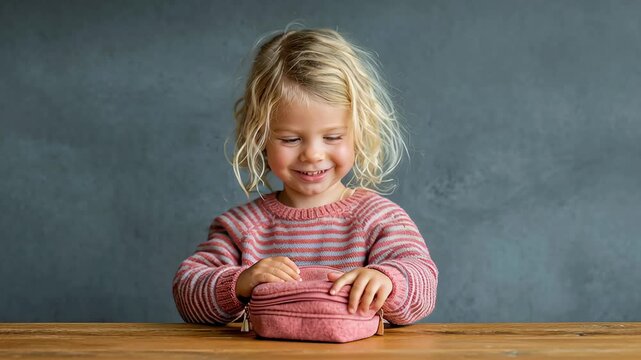 A little girl opens a small purse on a wooden table with a charming smile, her curiosity piqued by the treasures within. This simple moment captures the joy of childhood discovery.