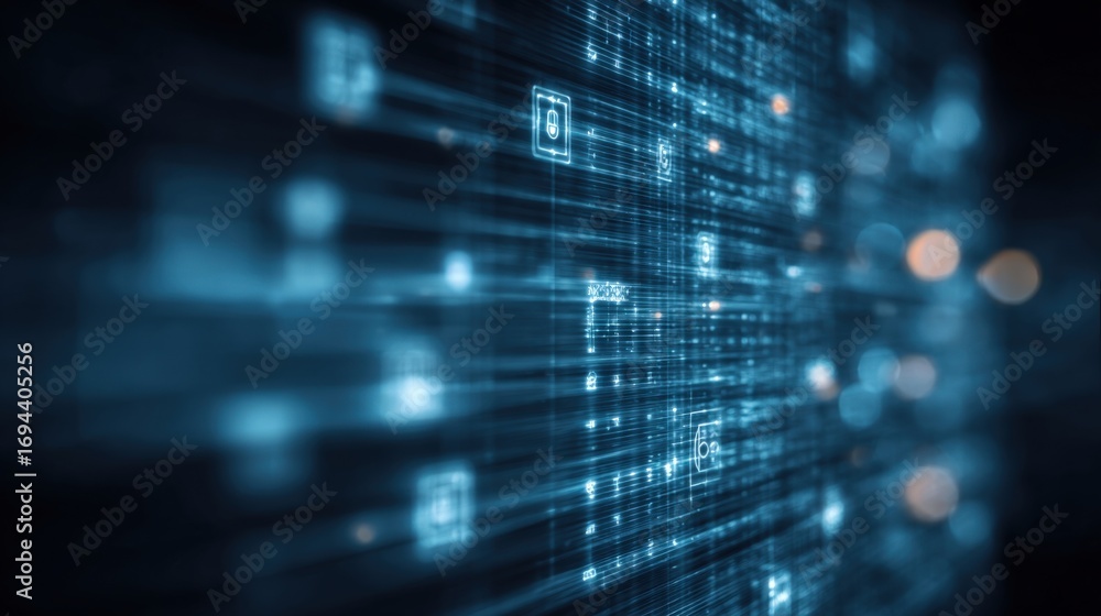 Poster futuristic technology background with digital grid, data flow and glowing nodes for modern tech desi