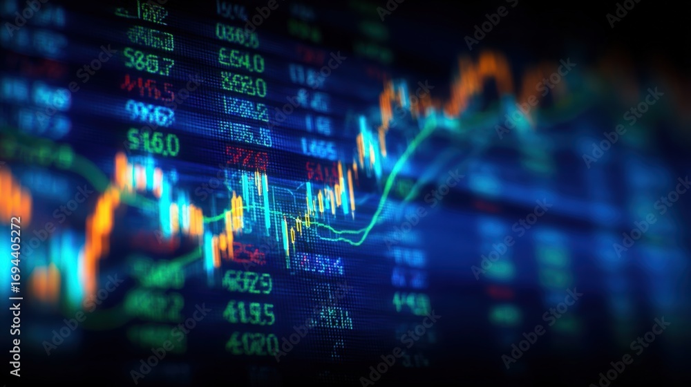 Poster abstract financial data graph on screen displaying stock market trends and economic analysis