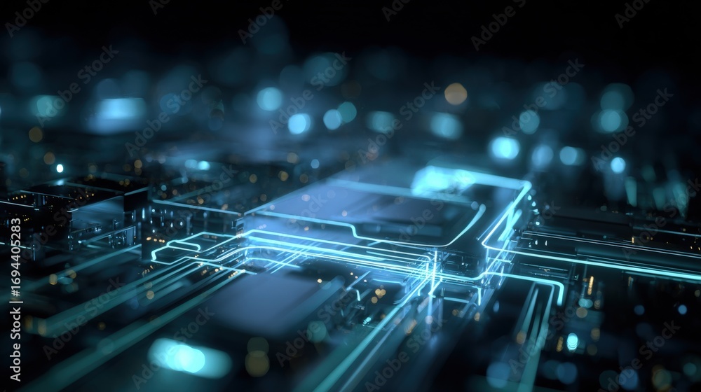 Poster futuristic microchip processor on circuit board with glowing blue light, high-tech concept
