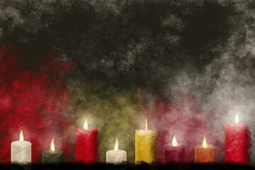 Colorful candles illuminate a dark backdrop, creating a serene atmosphere for All Souls Day and All Saints Day reflection and remembrance