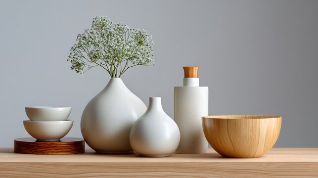 A minimalist, clean background of a home goods store with a few simple ceramic vases and bowls.
