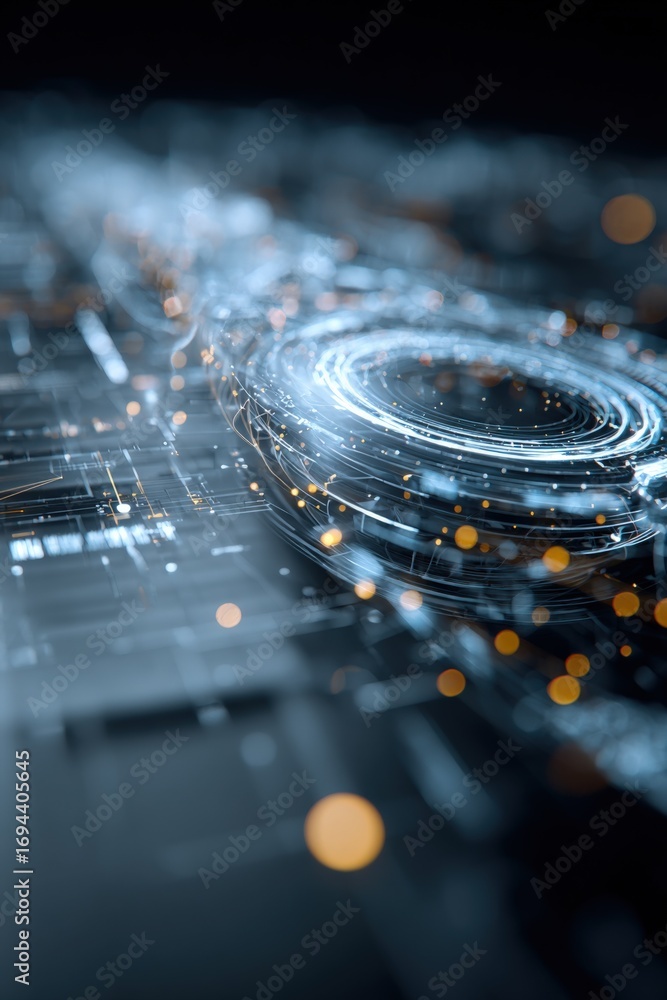 Poster abstract technology background with glowing circles and particles, conceptual representation of data
