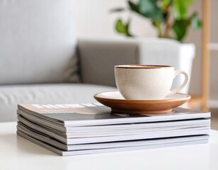 Ceramic coffee cup with saucer on stack of magazines in bright modern living room with blurred sofa and plants background
