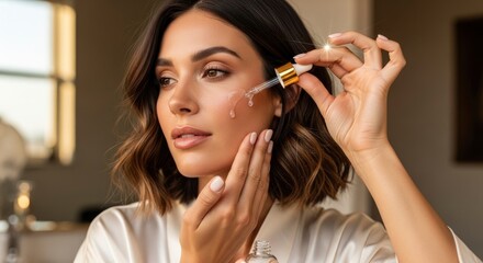 A person in a robe applies a clear liquid from a dropper bottle to their cheek with hands gently touching the skin
