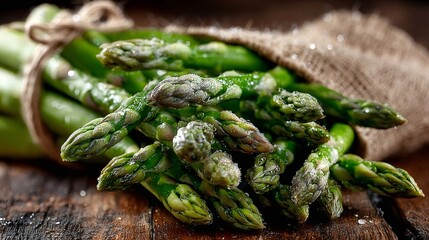 Fresh green asparagus wrapped in burlap on rustic wooden table