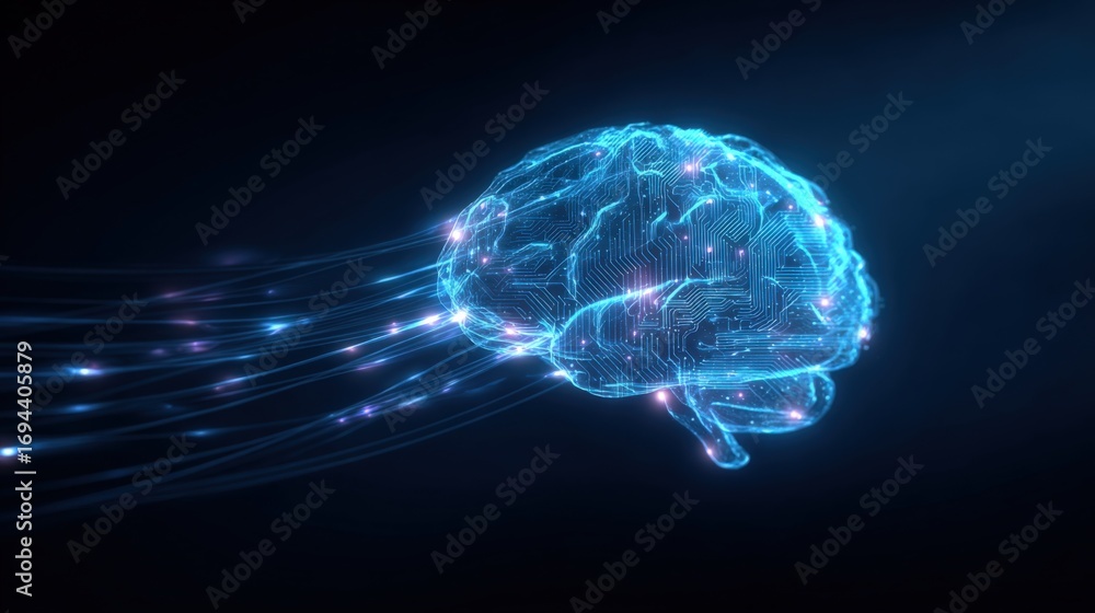 Poster digital brain visualization with glowing connections, representing artificial intelligence and neura