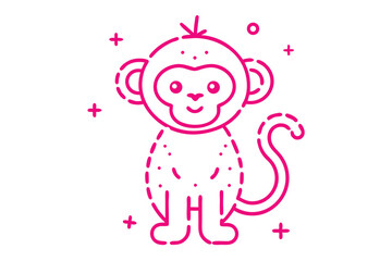 Pink outlined monkey stands sweetly amidst plus shapes and a circle