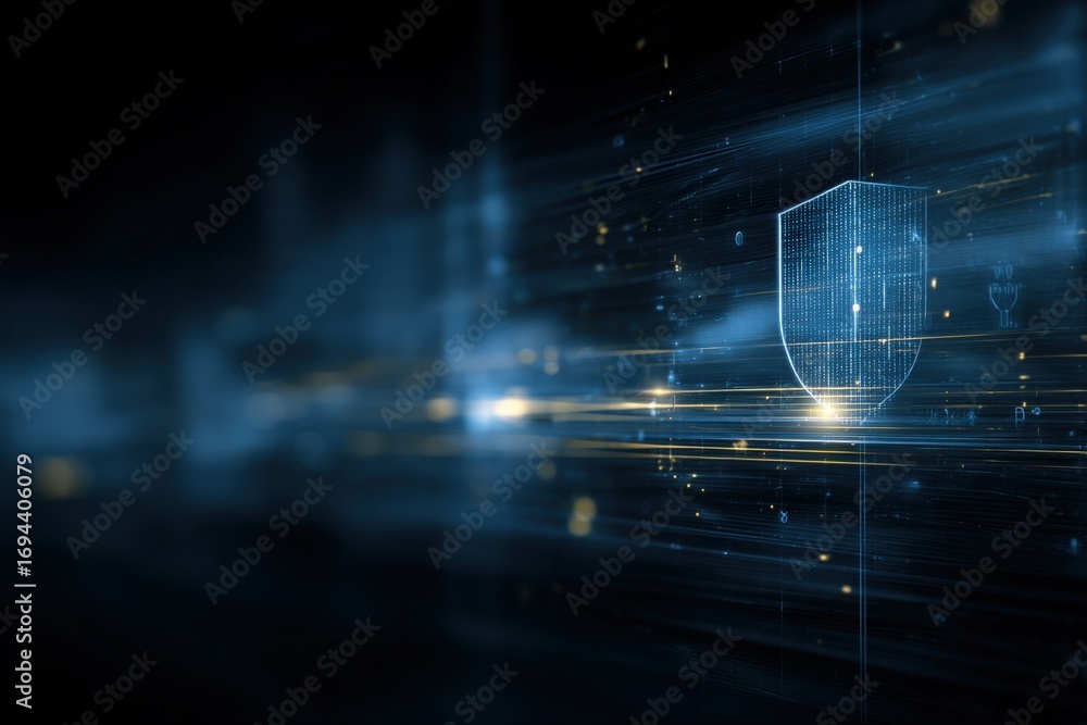 Poster cybersecurity shield with data flow: protecting digital information and network infrastructure from 