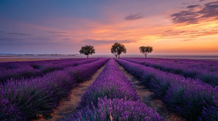 Peaceful sunrise over lavender fields,