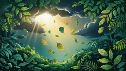 Lush green foliage with sunbeams shining through a sky filled with dramatic clouds