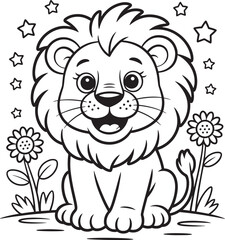Cute cartoon lion sitting with flowers and stars outline drawing animal
