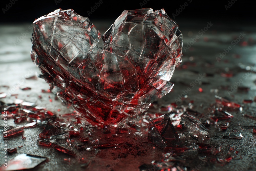 Poster a heart shape made from broken glass pieces lies on a dark surface, surrounded by sharp shards refle
