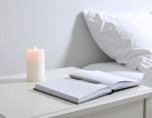 Serene bedroom scene with open journal, pen, and glowing candle creating peaceful ambiance for writing and reflection