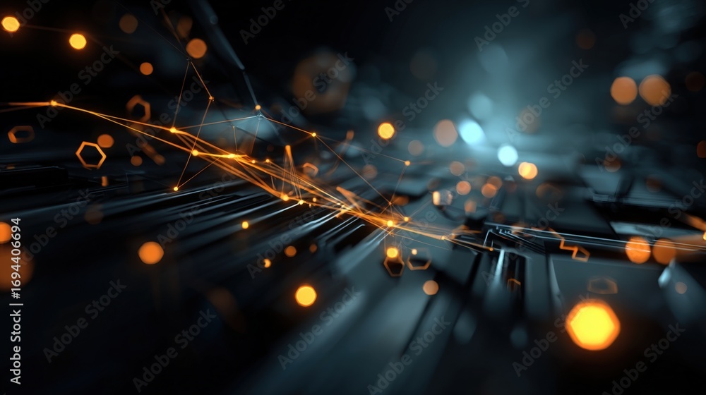 Poster futuristic abstract network connection with glowing orange lines and bokeh, representing technology 