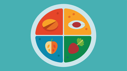 Balanced Plate with Genetic Icons A balanced meal plate divided into sections each labeled with icons representing macronutrients and genetic traits.