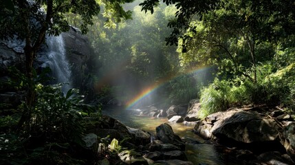 Peaceful tropical waterfall with rainbow mist,