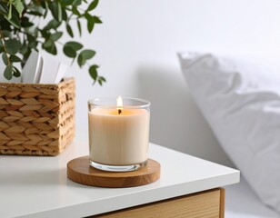 An inviting close-up of a scented candle on a white nightstand, its gentle glow and subtle smoke creating a warm, tranquil atmosphere of relaxation and domestic comfort.