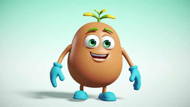 Animated cartoon potato character with sprout and smiling expression