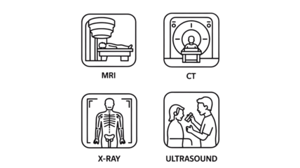 Medical imaging icons for MRI, CT scan, X-ray, and Ultrasound, modern healthcare visuals