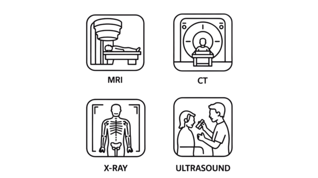 Medical imaging icons for MRI, CT scan, X-ray, and Ultrasound, modern healthcare visuals