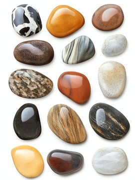 Assorted polished stones arranged symmetrically, showcasing natural patterns and earthy tones for decorative use.