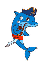 Cartoon shark pirate or corsair fish character of ship crew, vector animal personage. Caribbean pirate shark in captain tricorne hat with crossbones, smoking pipe and corsair saber or sailor sword