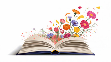 Open book with colorful flowers blooming symbolic of learning and knowledge