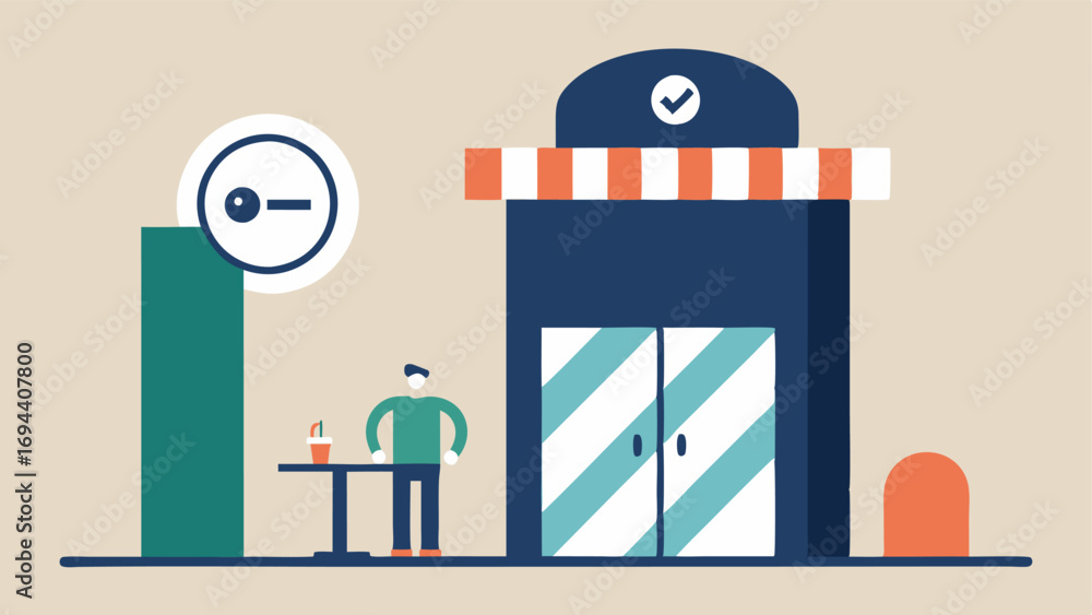 Poster elevator access an illustration of a cafe with an elevator symbol indicating access to upper levels 