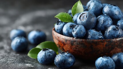 Fresh ripe blueberries overflowing from wooden bowl on dark background
