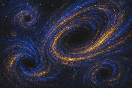 Abstract swirling cosmic nebula with glowing golden and deep blue energy streams and star like particles in deep space - Powered by Adobe